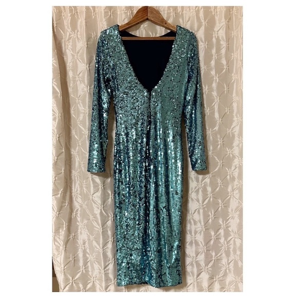 Dress the Population Emery Dress Ice Blue Sequin Long Sleeve Metallic Cocktail - Picture 7 of 17